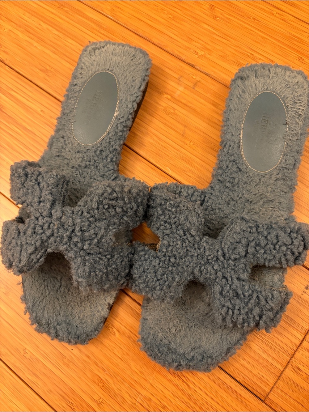 Hermes Gray Shearling Slide Sandals